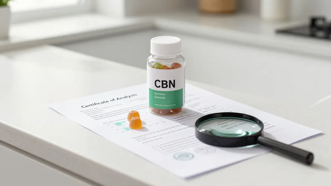 CBN-Gummis neben Laborzertifikat mit Lupe zur Qualitätsprüfung