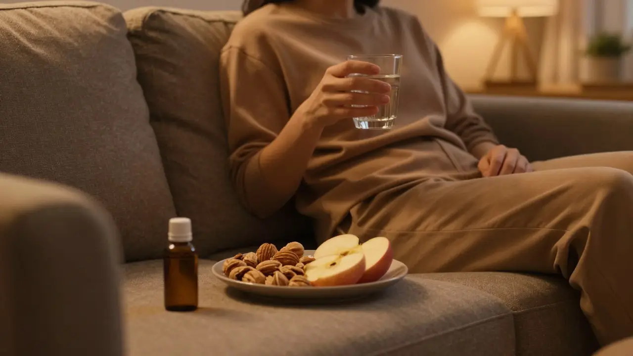 Eine Person entspannt sich auf einer Couch mit gesunden Snacks und einem Glas Wasser.