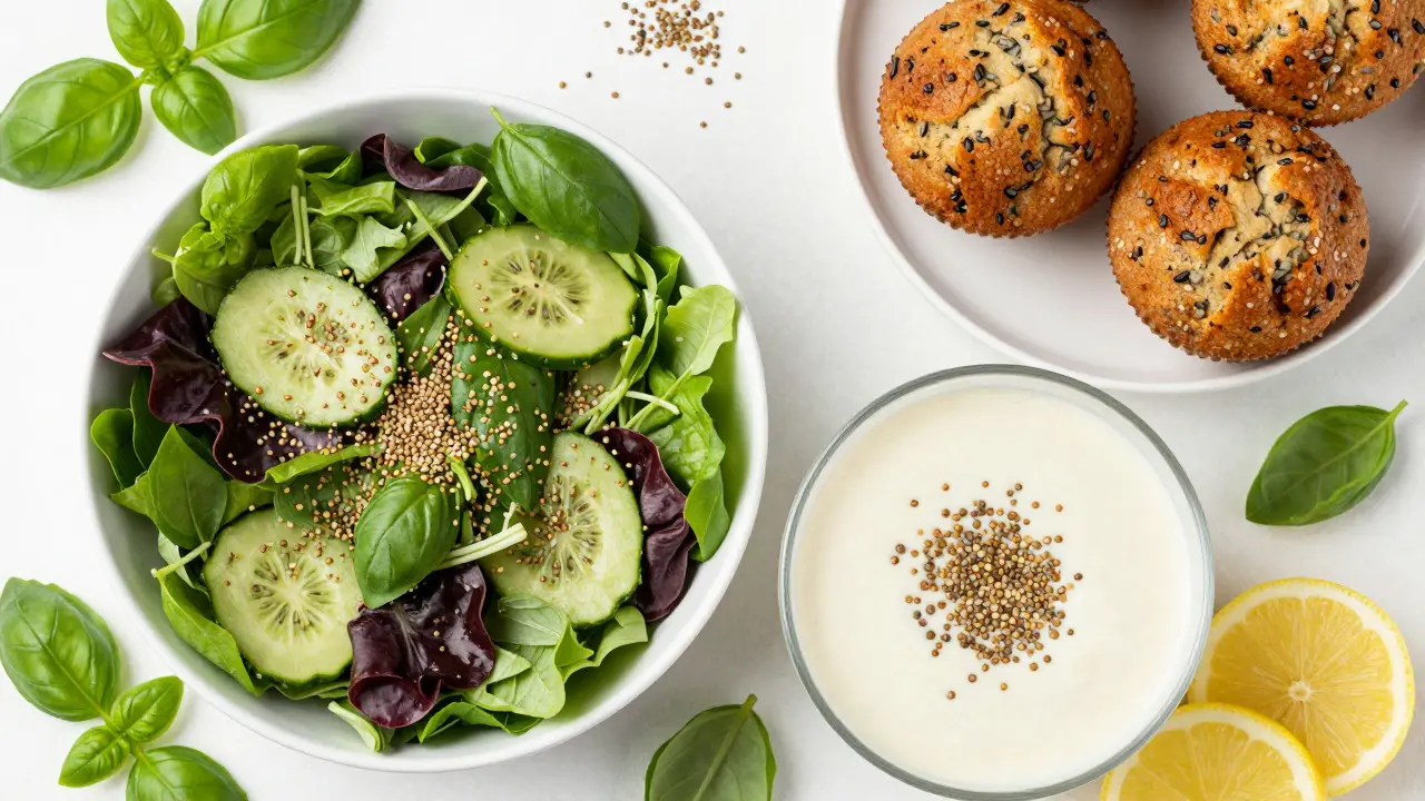 Gesundes Frühstück mit Salat, Smoothie-Bowl und Muffins, garniert mit Hanfsamen