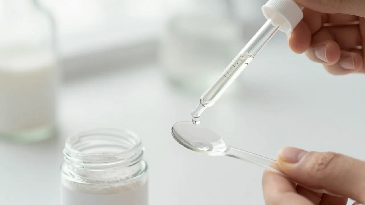 Hand dosiert präzise eine Tropfenflüssigkeit aus einer Pipette in einen Löffel