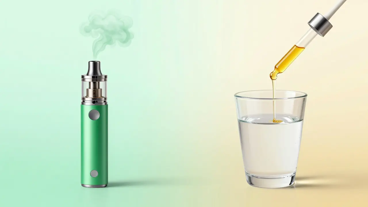 Illustration: Dampf von Vape links und Öltropfen rechts zeigen Aufnahmearten