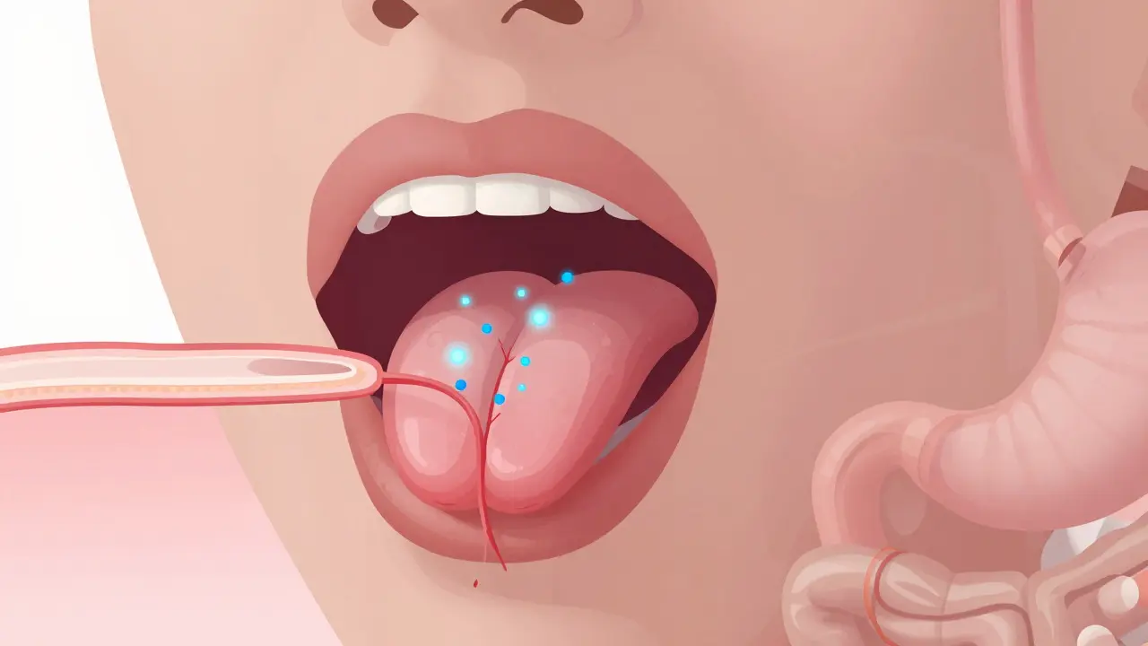 Illustration der sublingualen Aufnahme von Wirkstoffen unter der Zunge