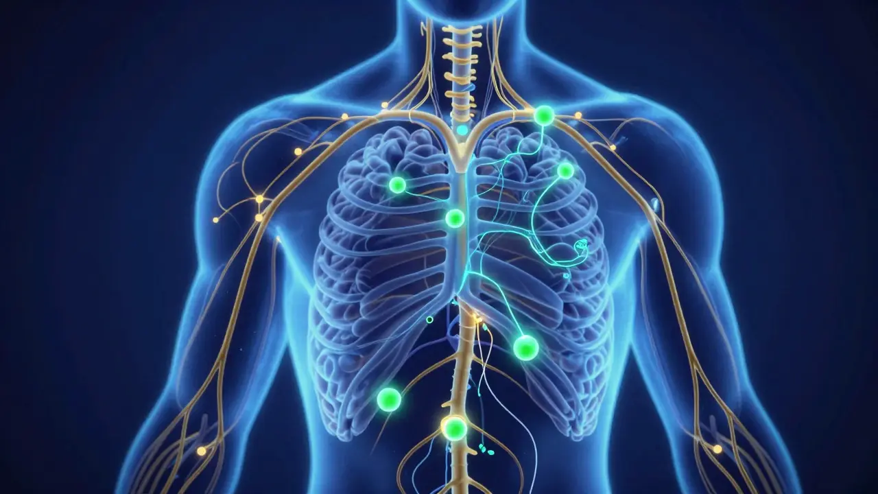 Konzeptionelle Illustration des Endocannabinoid-Systems mit leuchtenden CBD-Molekülen im Körper