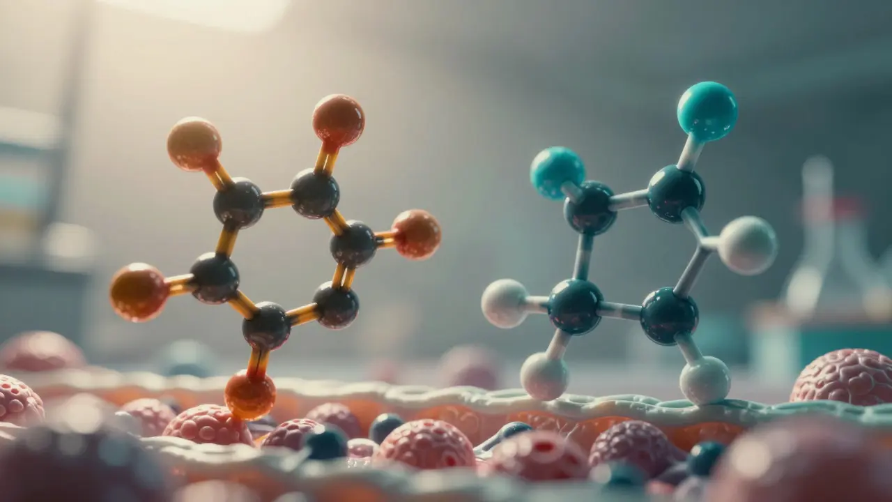 Makroaufnahme der Molekülstrukturen von Delta-8 und THCV im Laborlicht