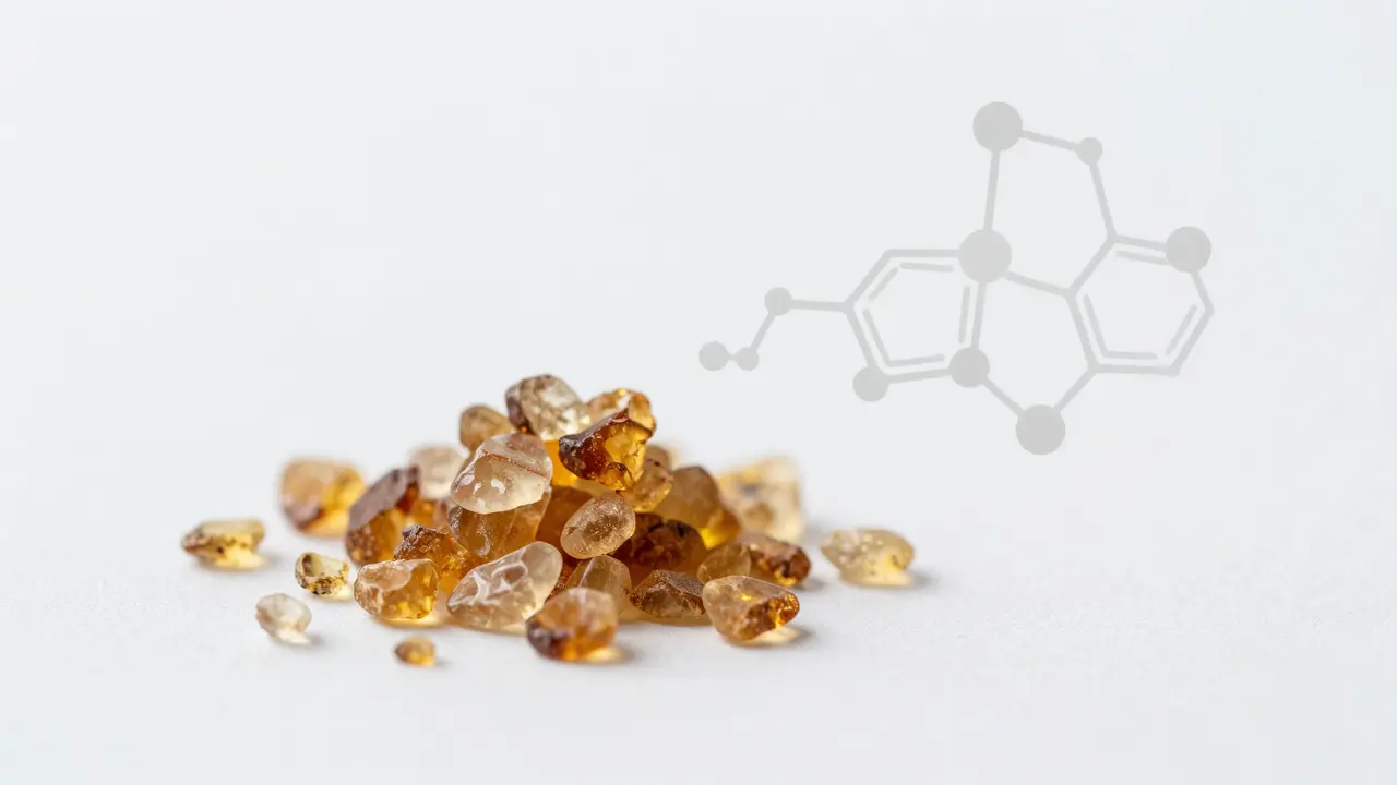 Makroaufnahme von CBD-Shatter-Kristallen mit abstrakter Darstellung von Lösungsmittelresten