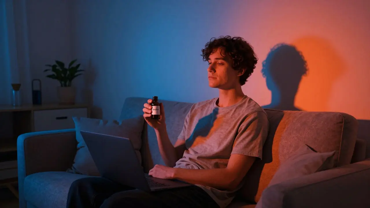Person auf einem Sofa in blauem und orangefarbenem Licht, die verschiedene Effekte darstellt