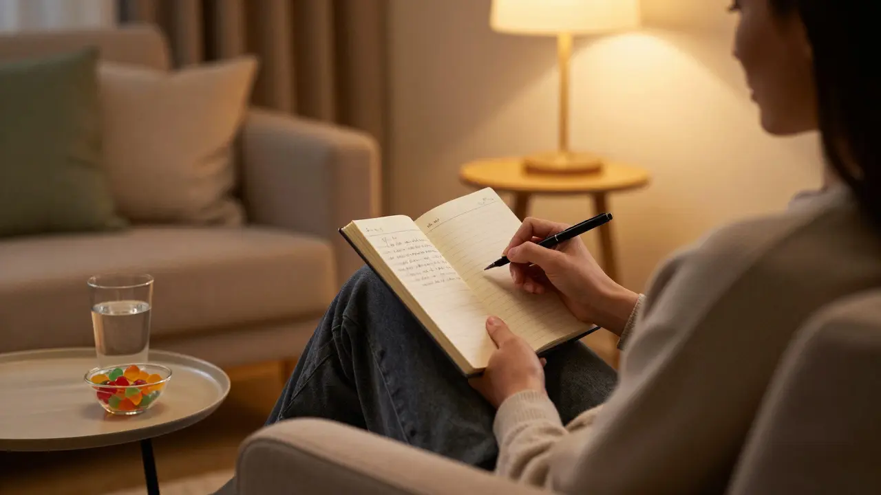 Person schreibt abends entspannt in einem Notizbuch neben einer Schale mit Gummibärchen