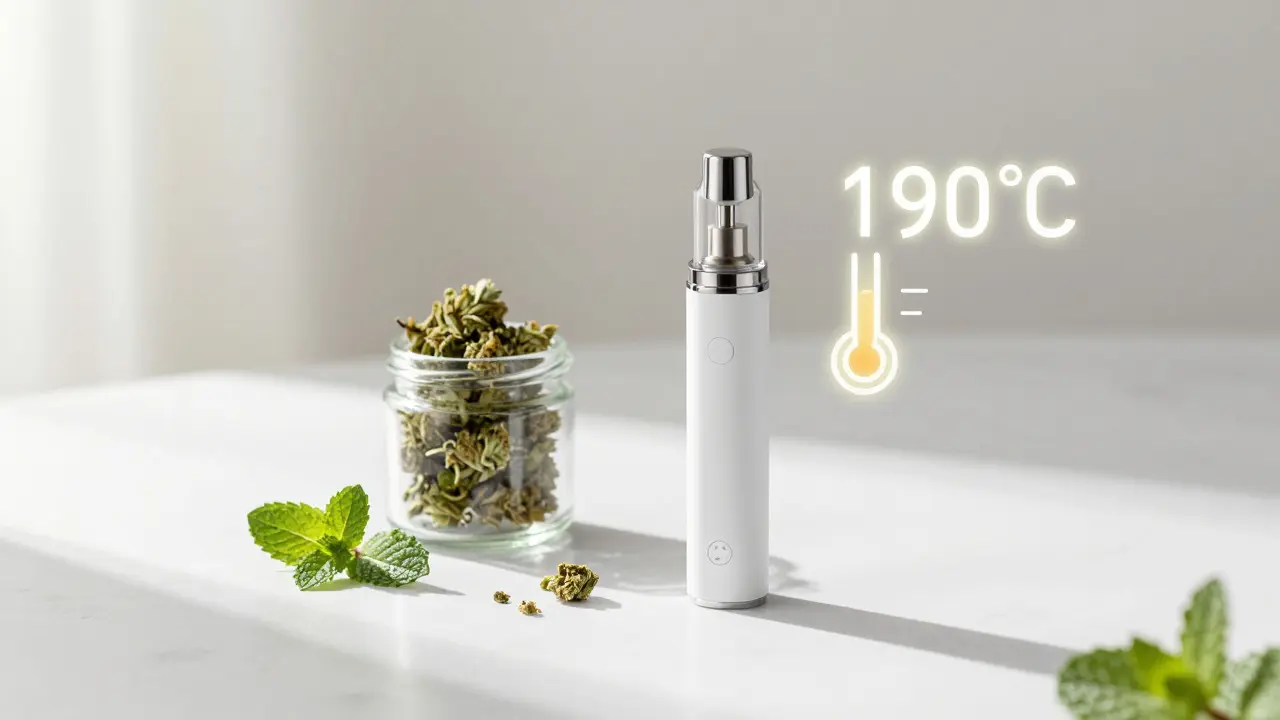 Vaporizer und Hanfblüten auf Marmorplatte mit Hinweis auf optimale Temperatur