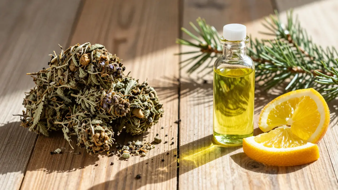 Vergleich von CBD-Hash und Öl mit Terpenen wie Zitrone und Kiefer.